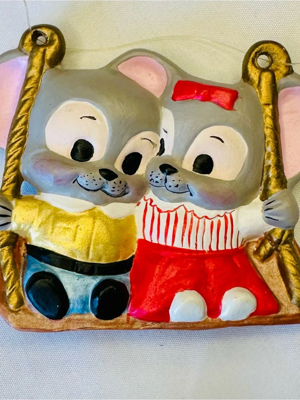 Vintage Hand-Painted Ceramic Pair of Swinging Mice Ornament ~ circa 1977